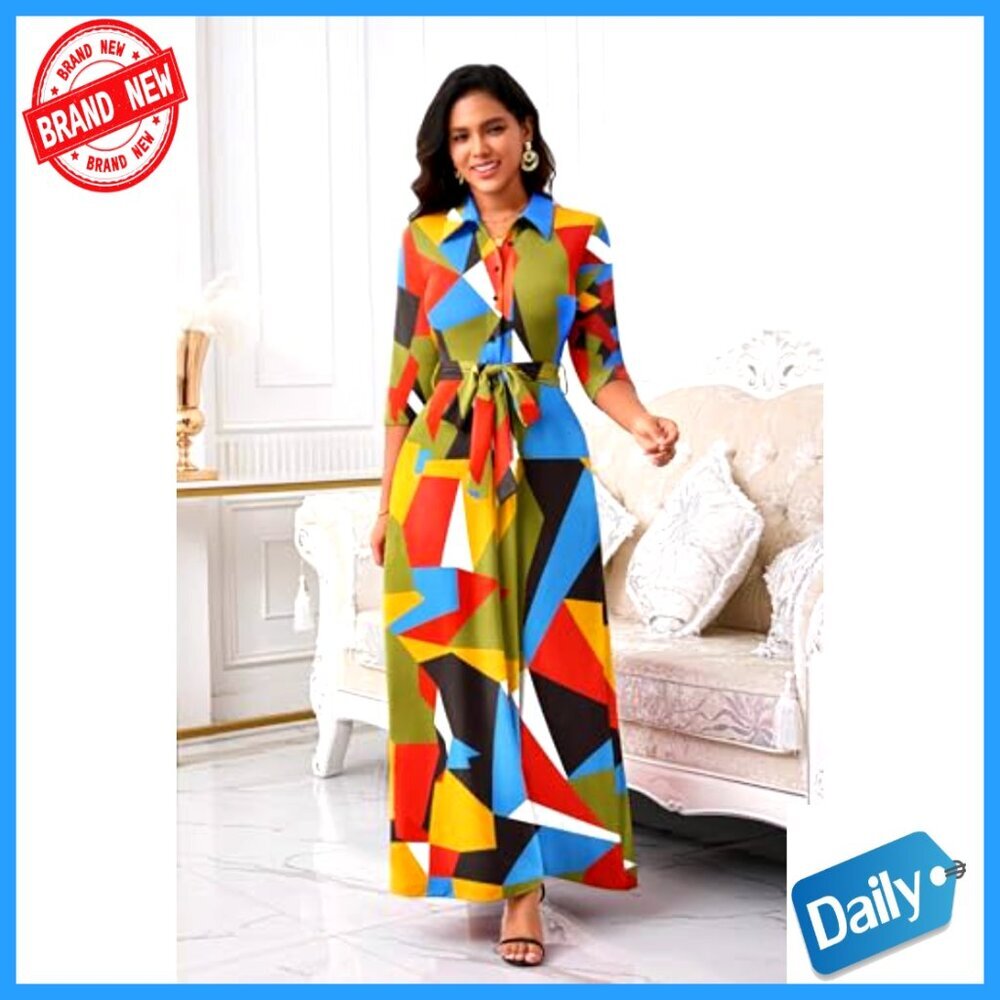 Floral Print Maxi Dress 3/4 Sleeve Button Down Elegant Office Church Wear - Picture 2 of 7
